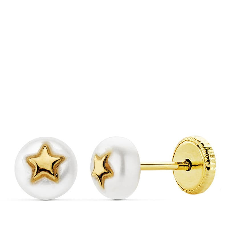 18K PENDIENTES ORO AMARILLO PERLA 5MM Y ESTRELLA CIERRE TUERCA