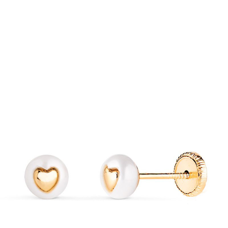 18K PENDIENTES ORO AMARILLO PERLA CON INTERIOR DE CORAZON. MEDIDA: 5 MM. CIERRE TUERCA