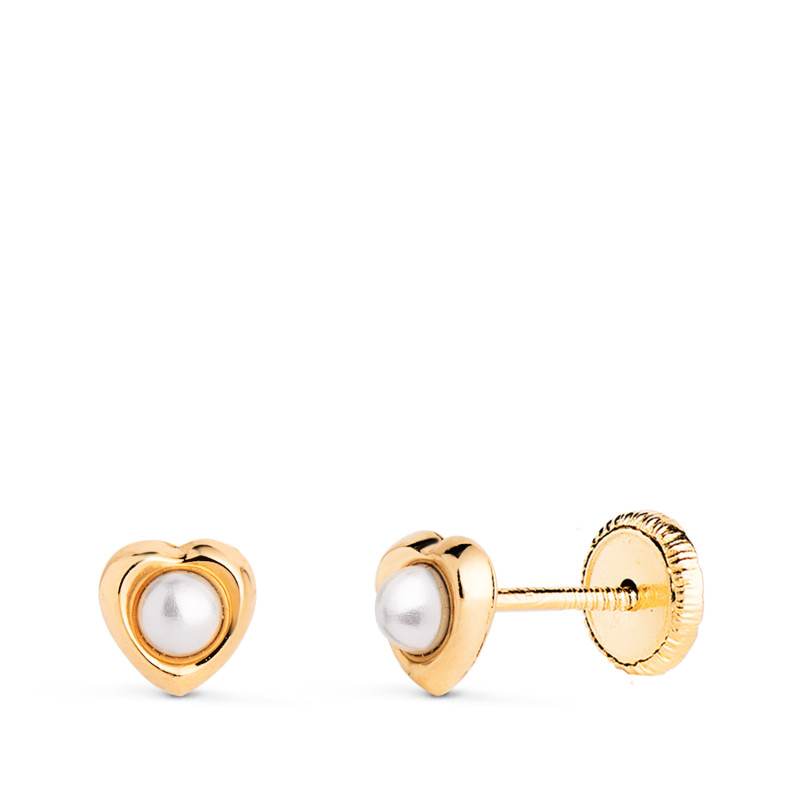 18K PENDIENTES ORO AMARILLO CORAZON CON PERLAS DE 2,4MM. MEDIDA: 5 X 5MM. CIERRE TUERCA