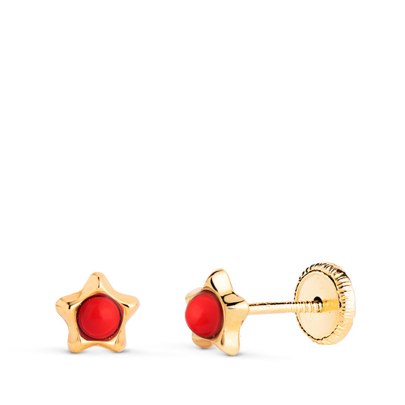 18K PENDIENTES ORO AMARILLO ESTRELLA CON CORAL DE 2,4MM. MEDIDA: 5 X 5MM. CIERRE TUERCA