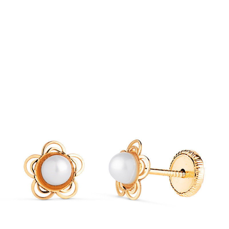 18K PENDIENTES ORO AMARILLO FLOR CALADA CON PERLA 3MM. MEDIDA: 6 MM.CIERRE TUERCA