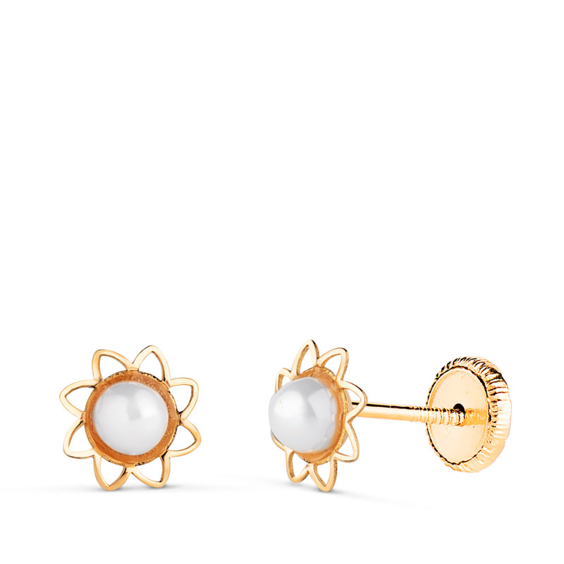 18K PENDIENTES ORO AMARILLO FLOR CALADA CON PERLA 3MM. MEDIDA: 6 MM. CIERRE TUERCA