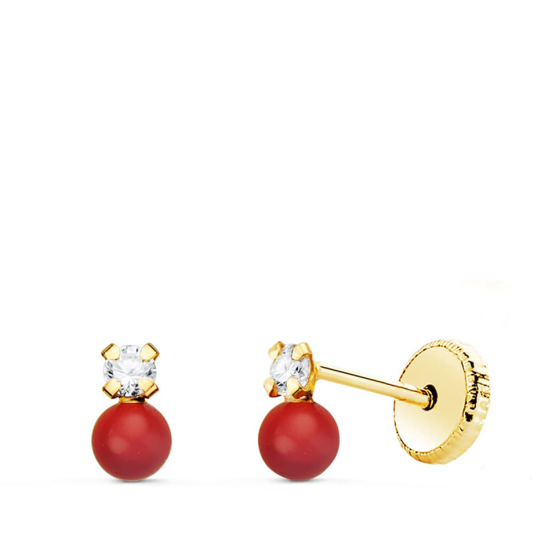 18K PENDIENTES ORO AMARILLO TU Y YO CIRCONITA Y CORAL  5X3 MM CIERRE TUERCA