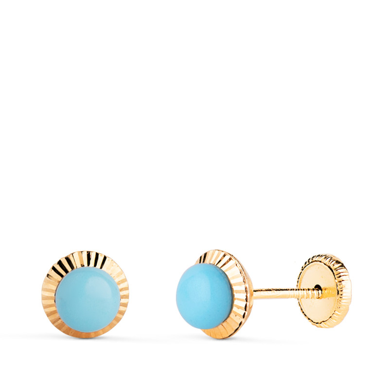 18K PENDIENTES ORO AMARILLO TURQUESA ORLA TALLADA 6 MM. CIERRE TUERCA