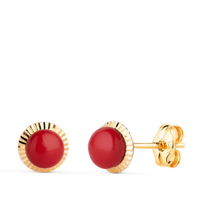 18K PENDIENTES ORO AMARILLO CORAL ORLA TALLADA 7 MM CIERRE PRESION