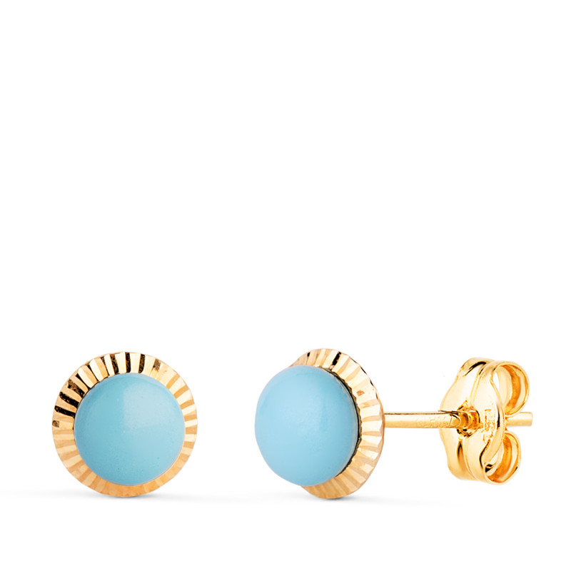 18K PENDIENTES ORO AMARILLO TURQUESA ORLA TALLADA 7 MM CIERRE PRESION