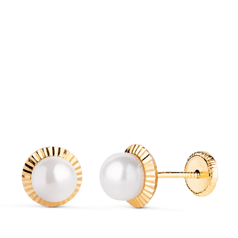 18K PENDIENTES ORO AMARILLO PERLA ORLA TALLADA 7 MM. CIERRE TUERCA