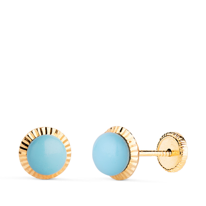 18K PENDIENTES ORO AMARILLO TURQUESA ORLA TALLADA 7 MM. CIERRE TUERCA