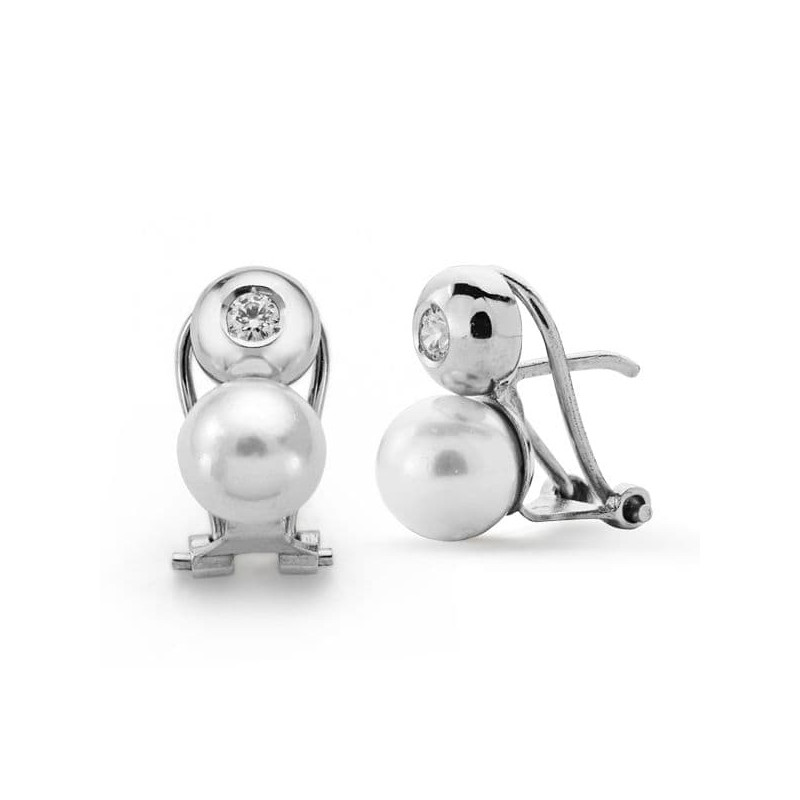18K PENDIENTES ORO BLANCO PERLA CULTIVADA Y CIRCONITA 13X7 MM CIERRE OMEGA