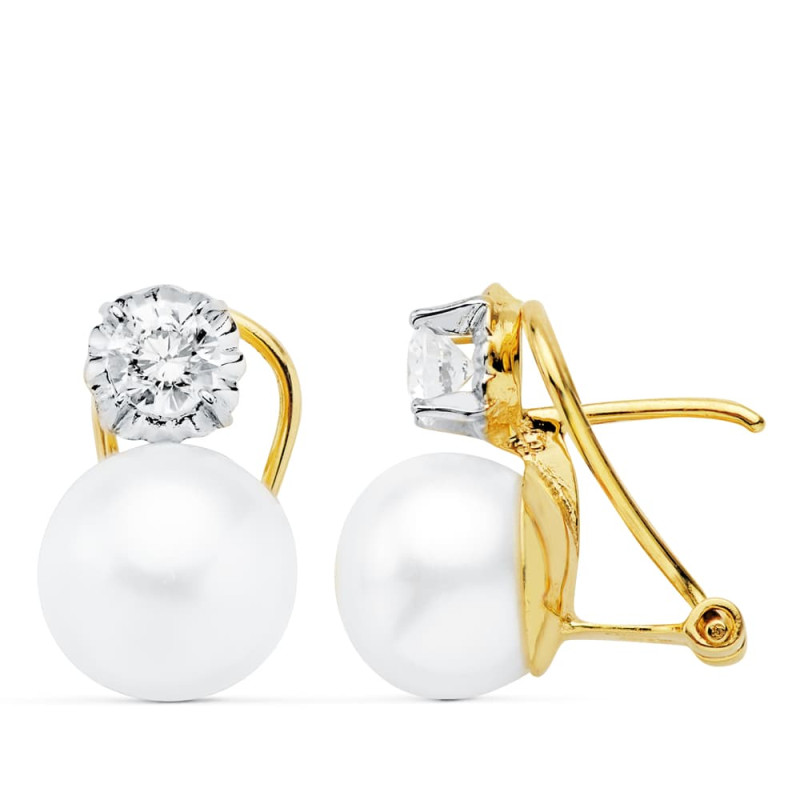 18K PENDIENTES BICOLOR PERLA BOTON 9.5 MM CIERRE OMEGA