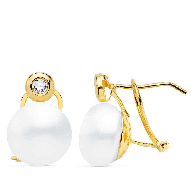 18K PENDIENTES ORO AMARILLO PERLA Y CHATON. 15X10 MM CIERRE OMEGA