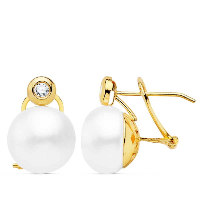 18K PENDIENTES ORO AMARILLO PERLA Y CHATON. 16X11 MM CIERRE OMEGA