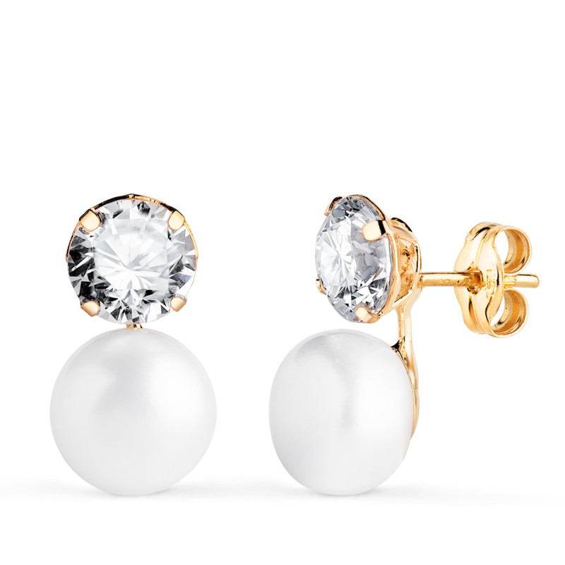 18K PENDIENTES ORO AMARILLO TU Y YO PERLA CON CIRCONITA REDONDA. MEDIDA: 14 X 8 MM. CIERRE PRESION