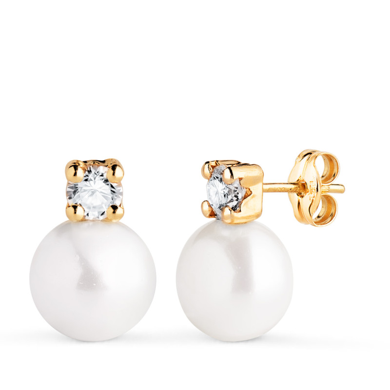 18K PENDIENTES ORO AMARILLO TU Y YO PERLA CON CIRCONITA. MEDIDA: 13 X 9 MM. CIERRE PRESION