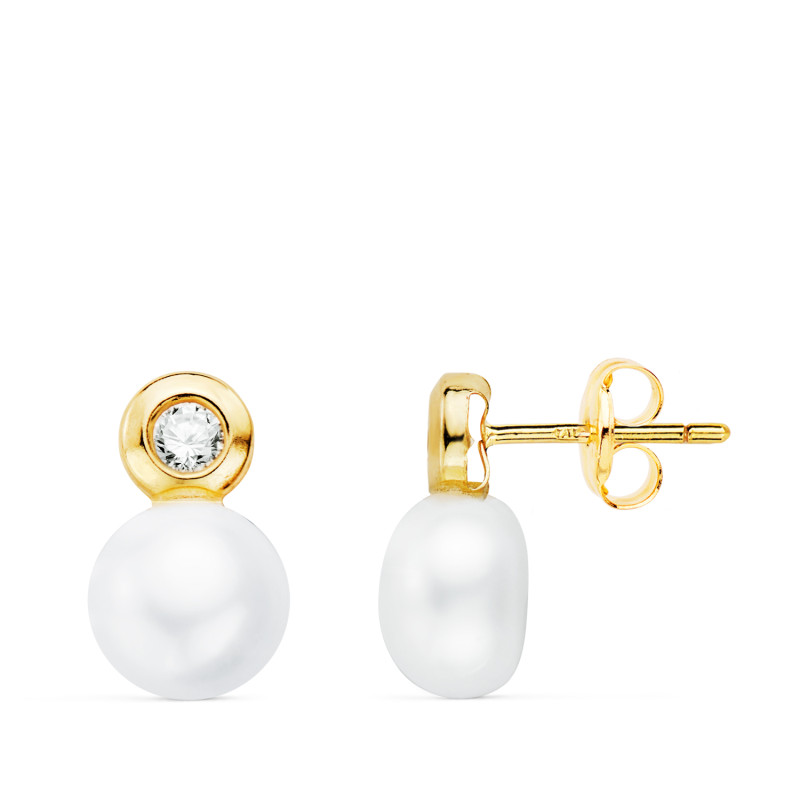 18K PENDIENTES ORO AMARILLO PERLA Y CHATON CON CIRCONTIA. MEDIDA: 12 X 7 MM. CIERRE PRESION