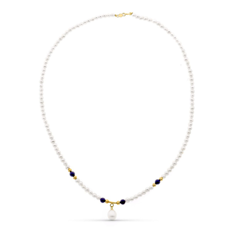 18K GARGANTILLA ORO AMARILLO PERLA CONCHA NATURAL Y LAPIZLAZULI