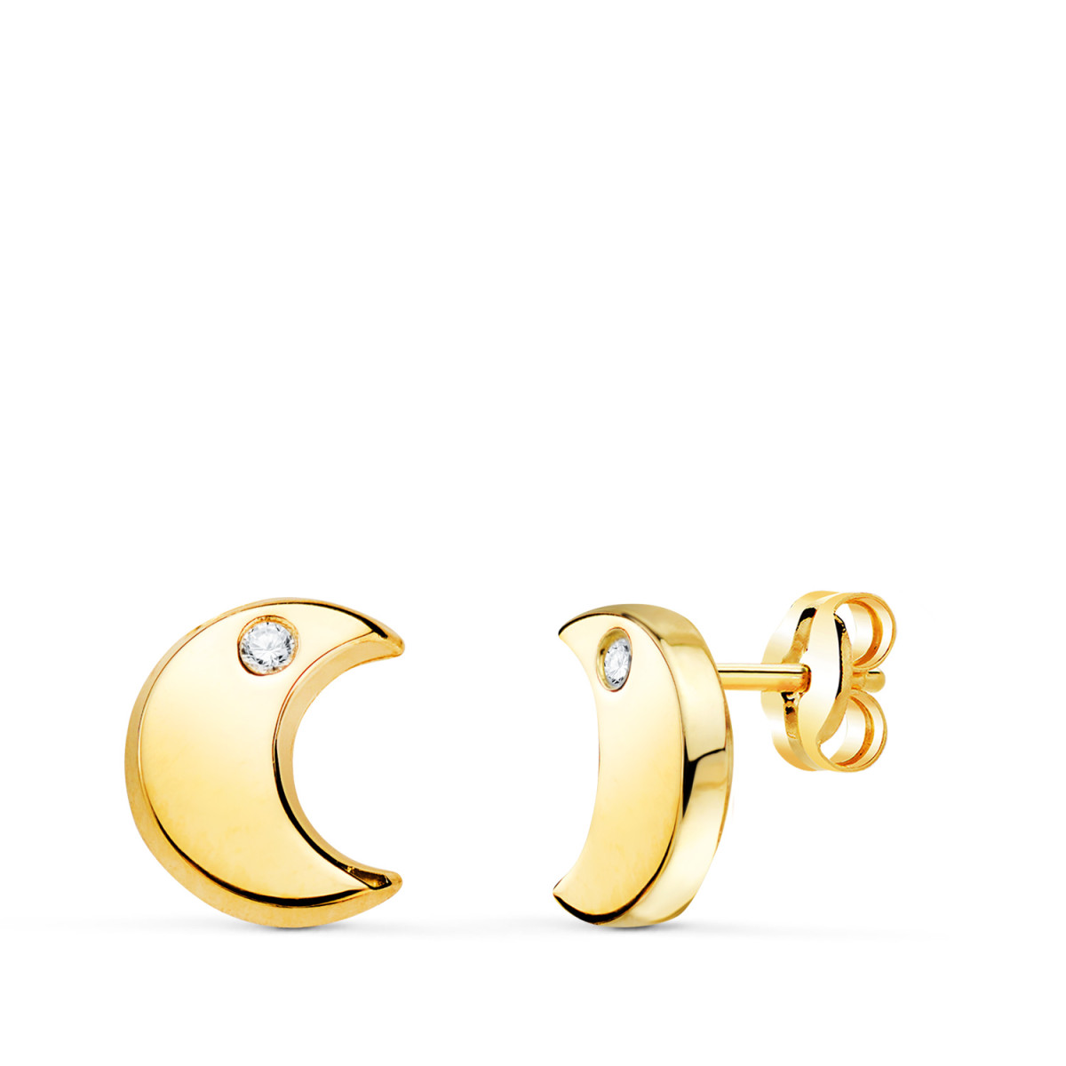 18K PENDIENTES ORO AMARILLO MEDIA LUNA CON CIRCONITA EN BRILLO 9X8 MM. CIERRE PRESION