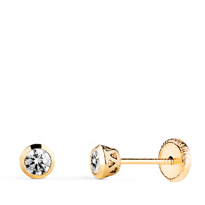 18K PENDIENTES ORO AMARILLO CHATON CON CIRCONITA CANASTILLA CALADA. ANCHO: 4MM. CIERRE TUERCA