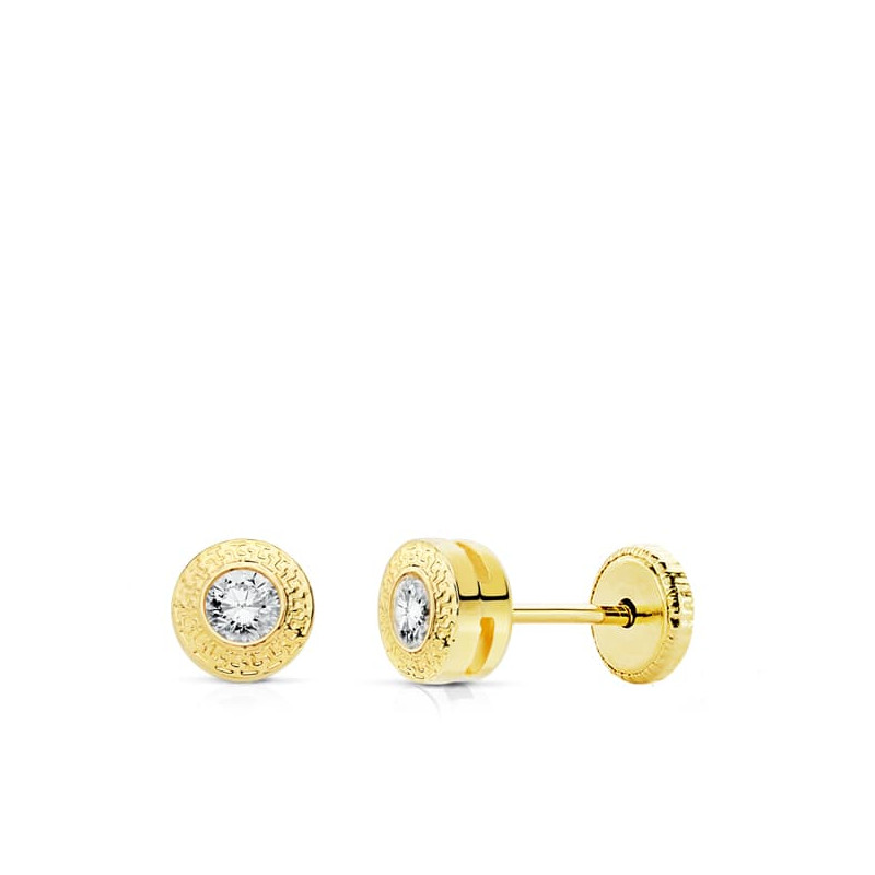 18K PENDIENTES ORO AMARILLO CHATON REDONDOS 5 MM  CON GRECA   Y  CIRCONITA  CIERRE TUERCA