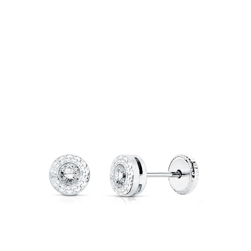 18K PENDIENTES ORO BLANCO CHATON CON GRECA Y CIRCONITA 3 MM CIERRE TUERCA