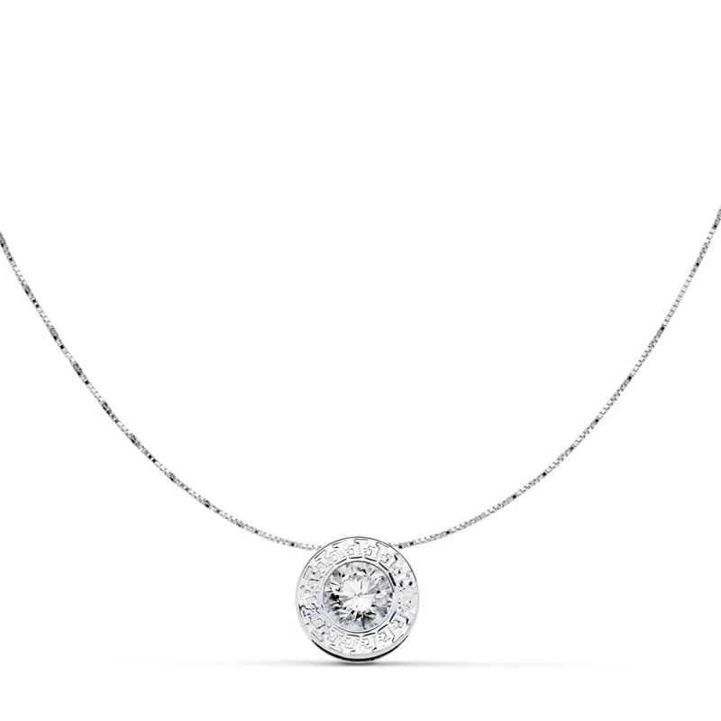 18K GARGANTILLA ORO BLANCO CON COLGANTE CHATON 6,5 MM  CON GRECA Y CIRCONITA Y CADENA 42CM