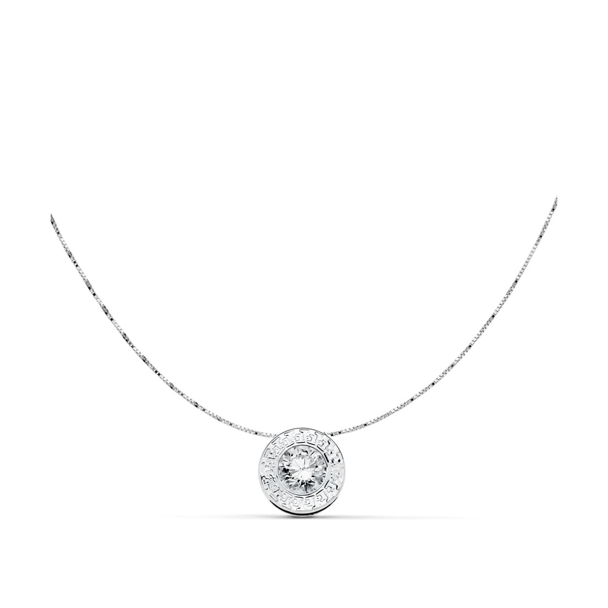 18K GARGANTILLA ORO BLANCO CON COLGANTE CHATON 6,5 MM  CON GRECA Y CIRCONITA Y CADENA 42CM