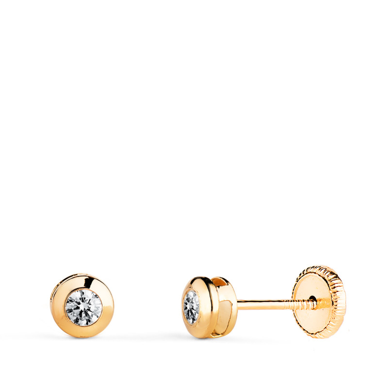 18K PENDIENTES ORO AMARILLO  CHATON GALERIA CON CIRCONITA. MEDIDA: 4 MM. CIERRE TUERCA