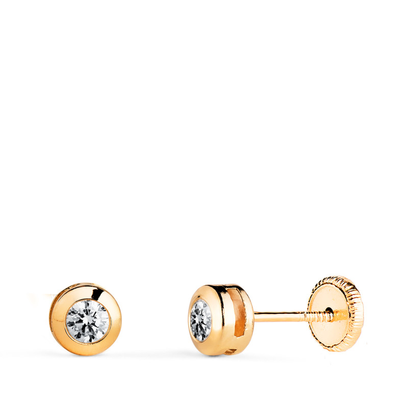 18K PENDIENTES ORO AMARILLO  CHATON GALERIA CON CIRCONITA. MEDIDA: 5 MM. CIERRE TUERCA