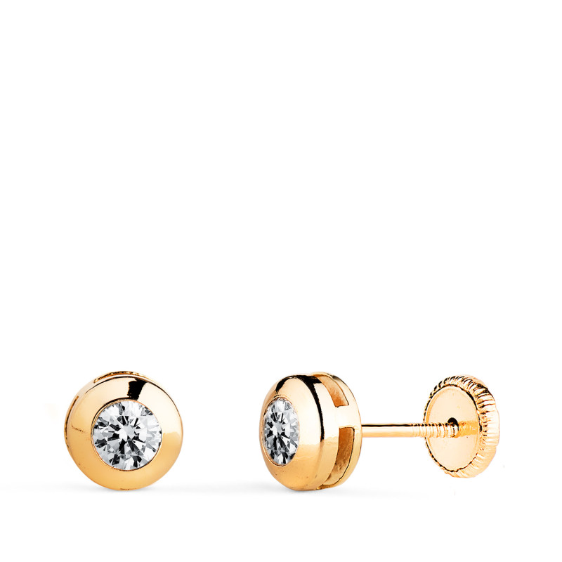 18K PENDIENTES ORO AMARILLO  CHATON GALERIA CON CIRCONITA. MEDIDA: 6 MM. CIERRE TUERCA