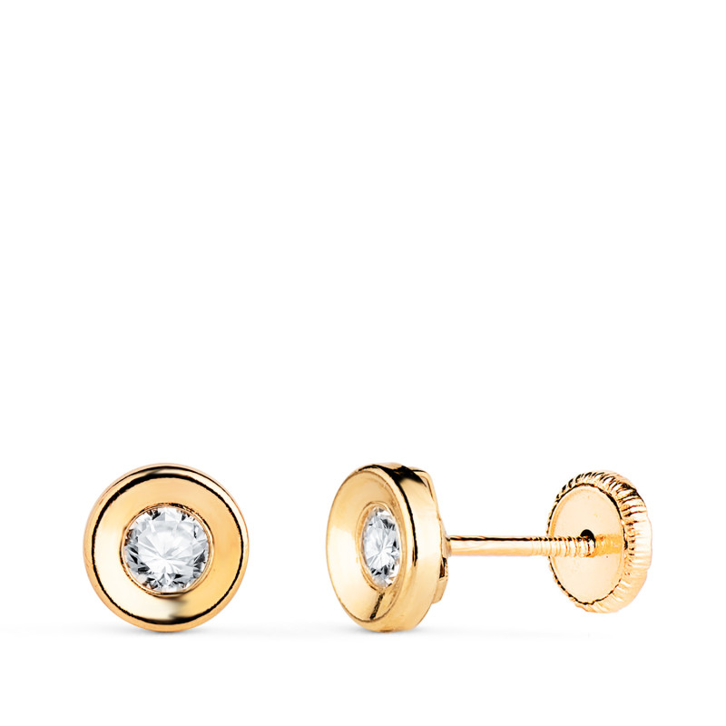 18K PENDIENTES ORO AMARILLO CHATON REDONDO CONCAVO CON CIRCONITA. ANCHO: 5,5 MM. CIERRE TUERCA