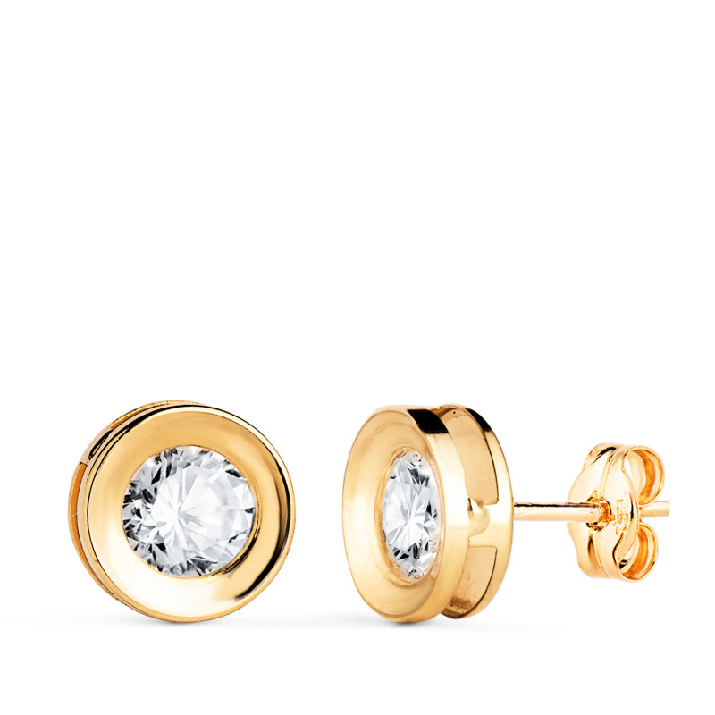 18K PENDIENTES ORO AMARILLO CHATON REDONDO CONCAVO CON CIRCONITA. ANCHO: 8 MM. CIERRE PRESION