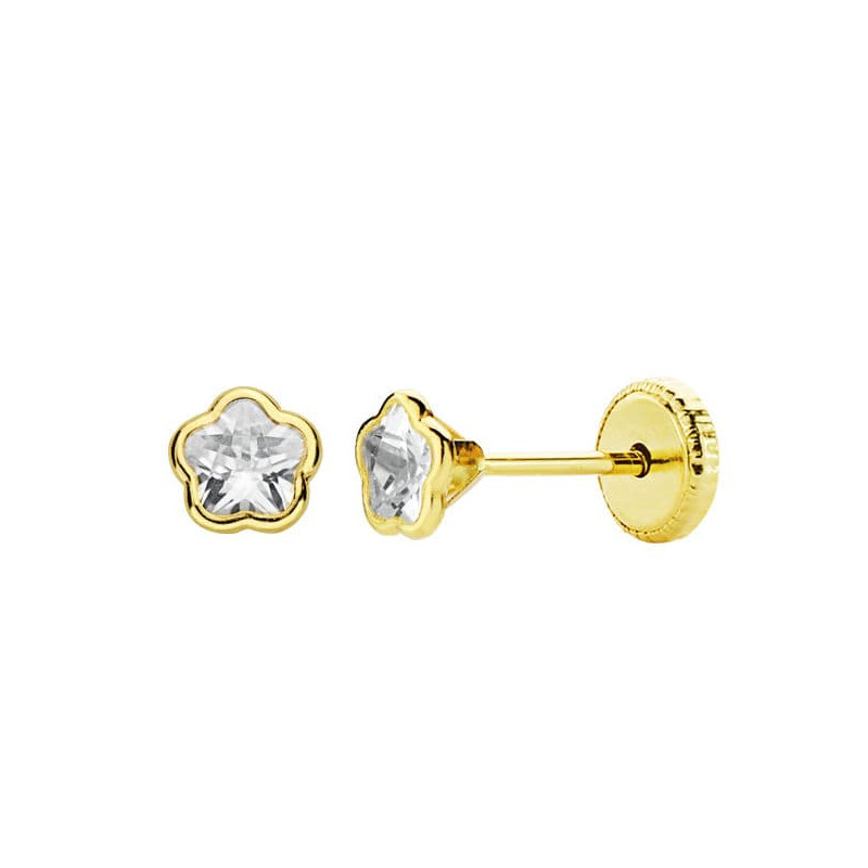 18K PENDIENTES ORO AMARILLO CHATON FLOR CIRCONITA 4X4 MM. CIERRE TUERCA
