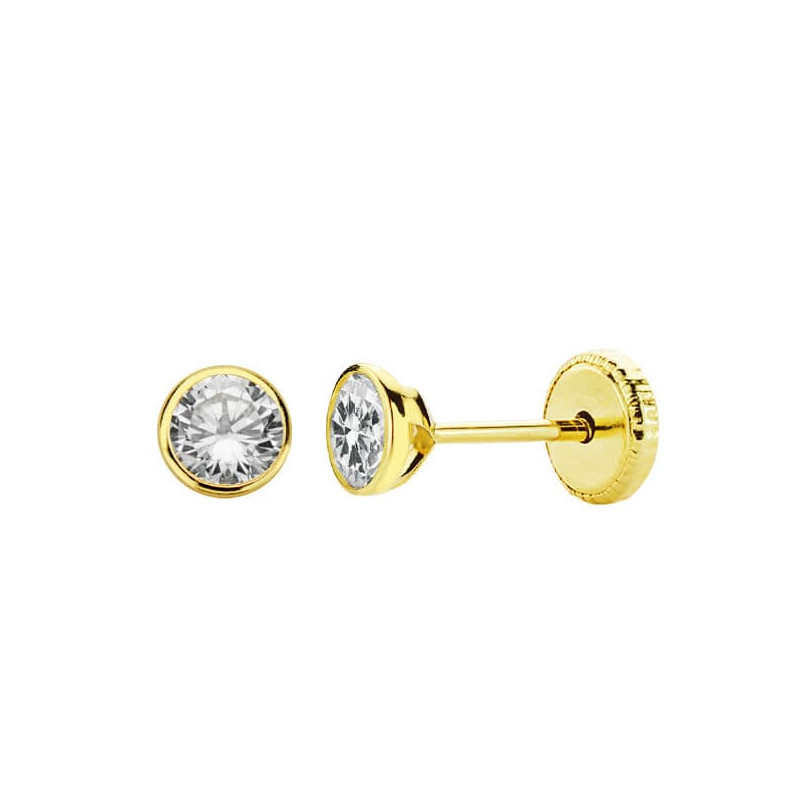 18K PENDIENTES ORO AMARILLO CHATON REDONDOS CIRCONITA 4 MM CIERRE TUERCA