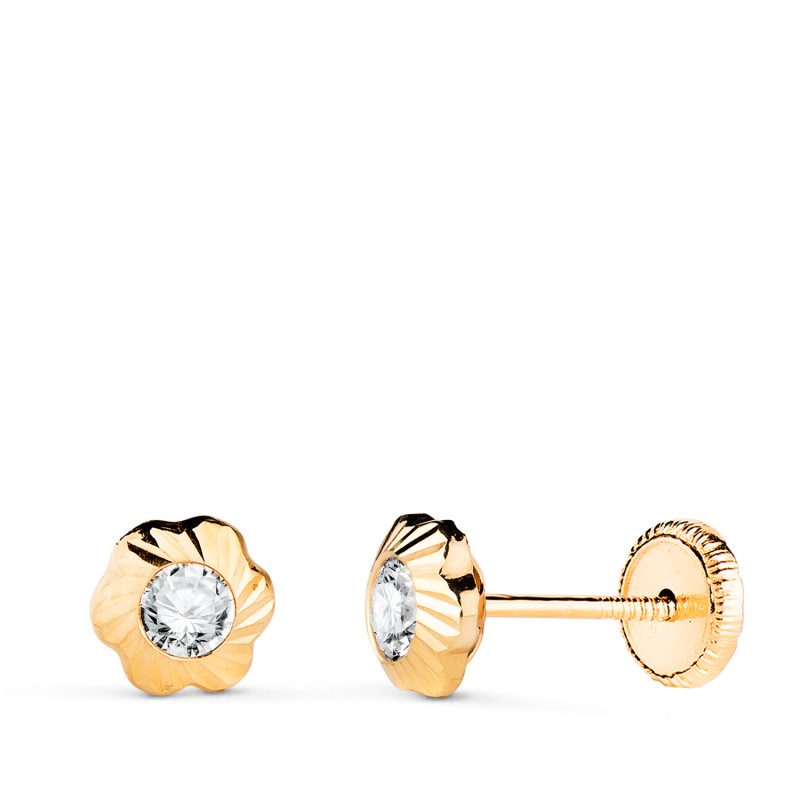 18K PENDIENTES ORO AMARILLO CHATON FLOR ORLA TALLADA CIRCONITA. MEDIDA: 5,5MM CIERRE TUERCA