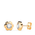 18K PENDIENTES ORO AMARILLO CHATON FLOR ORLA TALLADA CIRCONITA. MEDIDA: 7MM CIERRE PRESION