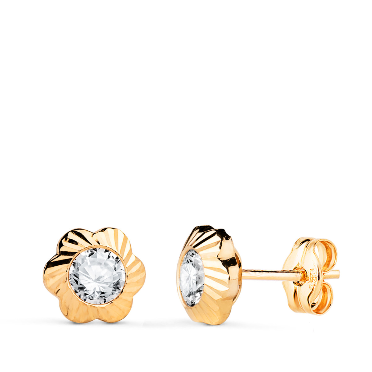 18K PENDIENTES ORO AMARILLO CHATON FLOR ORLA TALLADA CIRCONITA. MEDIDA: 7MM CIERRE PRESION