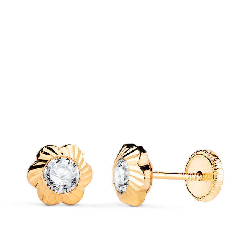 18K PENDIENTES ORO AMARILLO CHATON FLOR ORLA TALLADA CIRCONITA. MEDIDA: 7MM CIERRE TUERCA