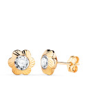 18K PENDIENTES ORO AMARILLO CHATON  FLOR ORLA TALLADA CIRCONITA. MEDIDA: 9MM CIERRE PRESION