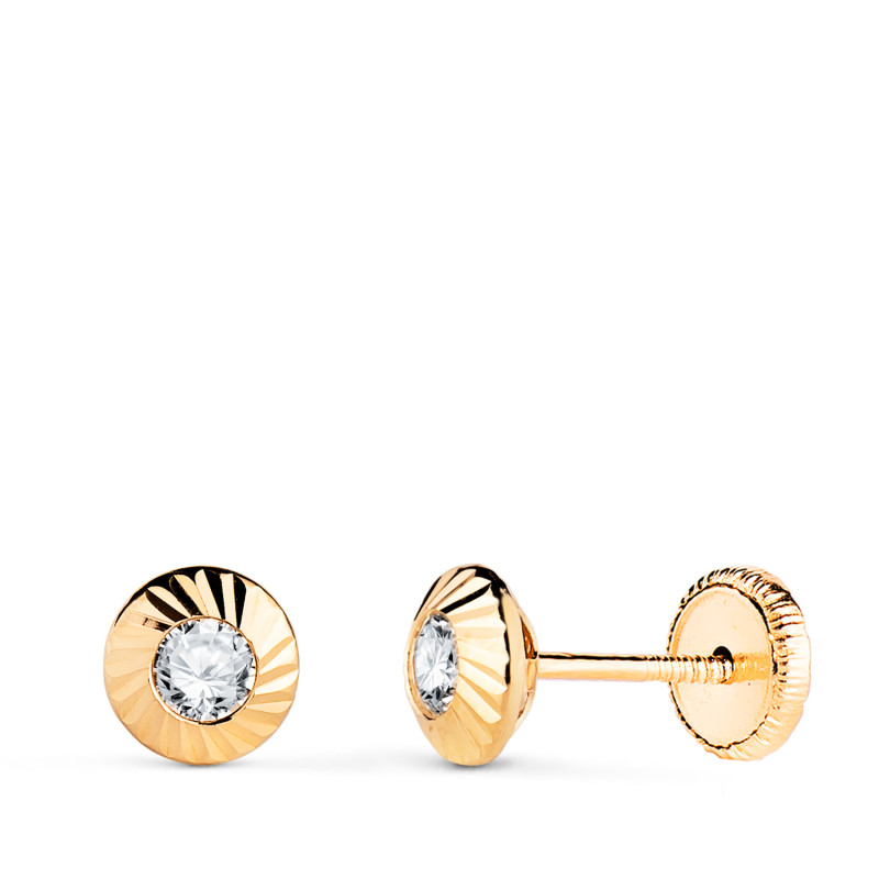 18K PENDIENTES ORO AMARILLO CHATON REDONDOS ORLA TALLADA CIRCONITA. MEDIDA: 5,5MM CIERRE TUERCA