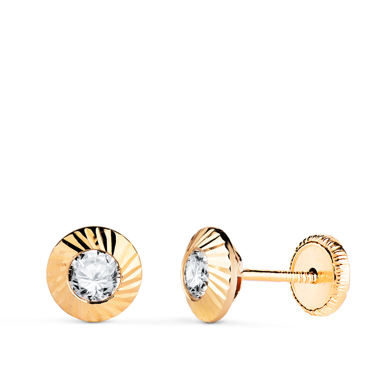 18K PENDIENTES ORO AMARILLO CHATON REDONDOS ORLA TALLADA CIRCONITA. MEDIDA: 7MM CIERR TUERCA