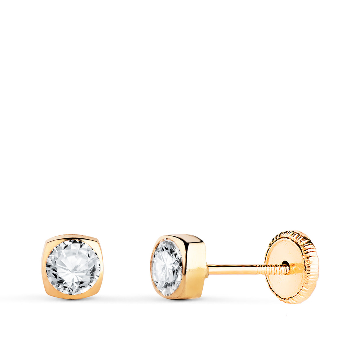 18K PENDIENTES ORO AMARILLO CHATON CUADRADOS CON CIRCONITA. MEDIDA: 4X4MM. CIERRE TUERCA