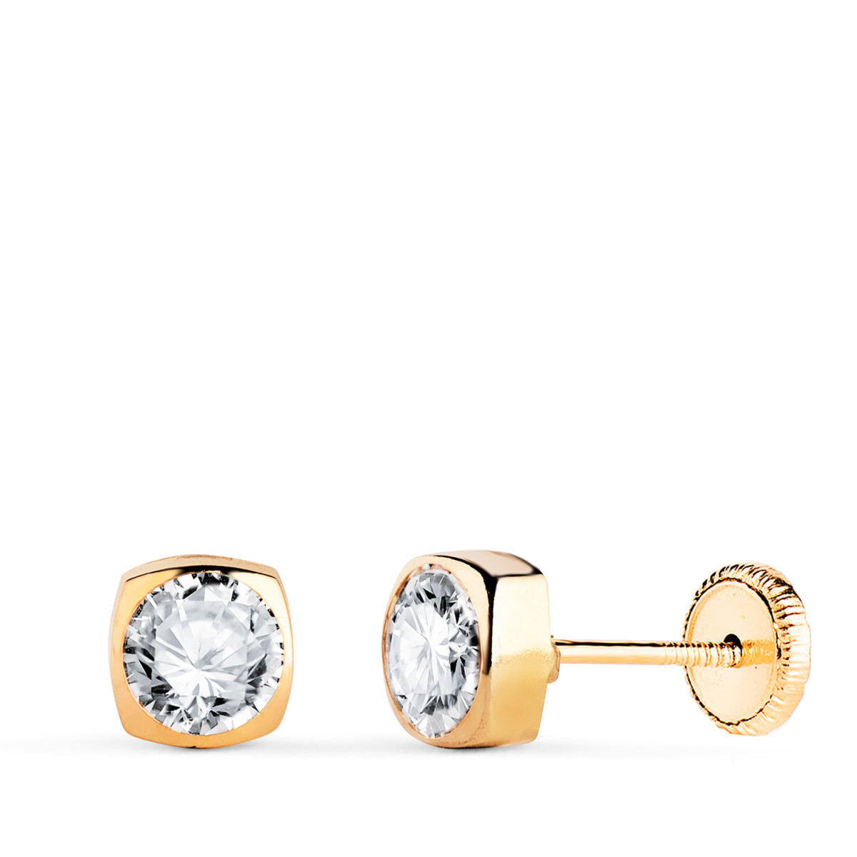 18K PENDIENTES ORO AMARILLO CHATON CUADRADOS CON CIRCONITA. MEDIDA: 5X5MM. CIERRE TUERCA