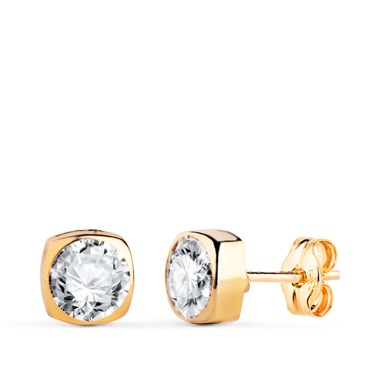 18K PENDIENTES ORO AMARILLO CHATON CUADRADOS CON CIRCONITA. MEDIDA: 6X6MM. CIERRE PRESION