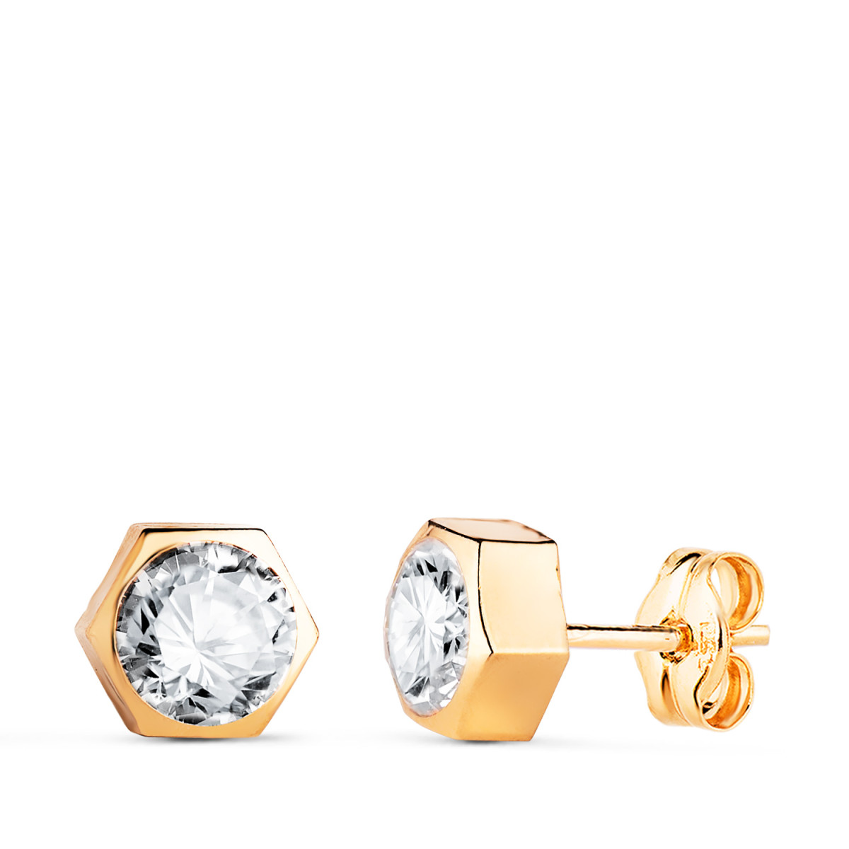 18K PENDIENTES ORO AMARILLO CHATON HEXAGONO CON CIRCONITA. MEDIDA: 7 X 6,5 MM. CIERRE PRESION