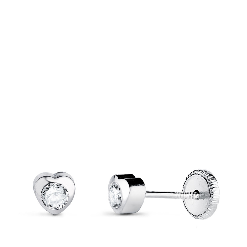 18K PENDIENTES ORO BLANCO CHATON CORAZON CON CIRCONITA. MEDIDA: 4 X 4 MM CIERRE TUERCA