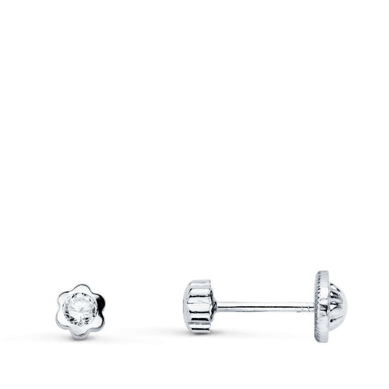 18K PENDIENTES ORO BLANCO CHATON FLOR CON CIRCONITA 3.5X3.5 MM CIERRE TUERCA