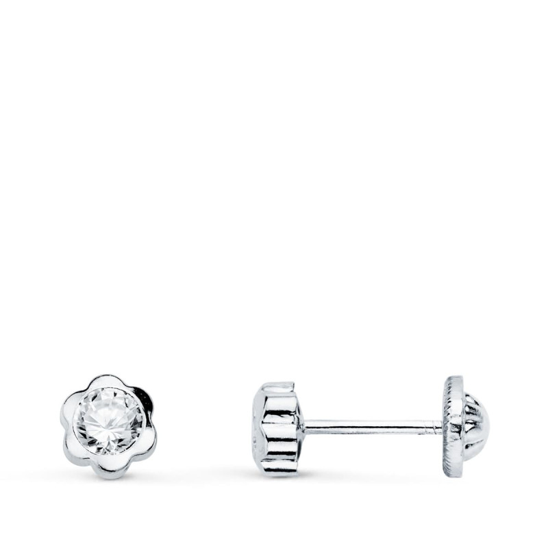18K PENDIENTES ORO BLANCO CHATON FLOR CON CIRCONITA 5X5 MM CIERRE TUERCA