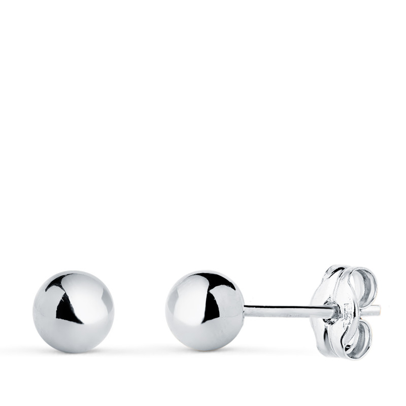 18K PENDIENTES ORO BLANCO BOLA LISA BRILLA HUECA. ANCHO: 5 MM. CIERRE PRESION