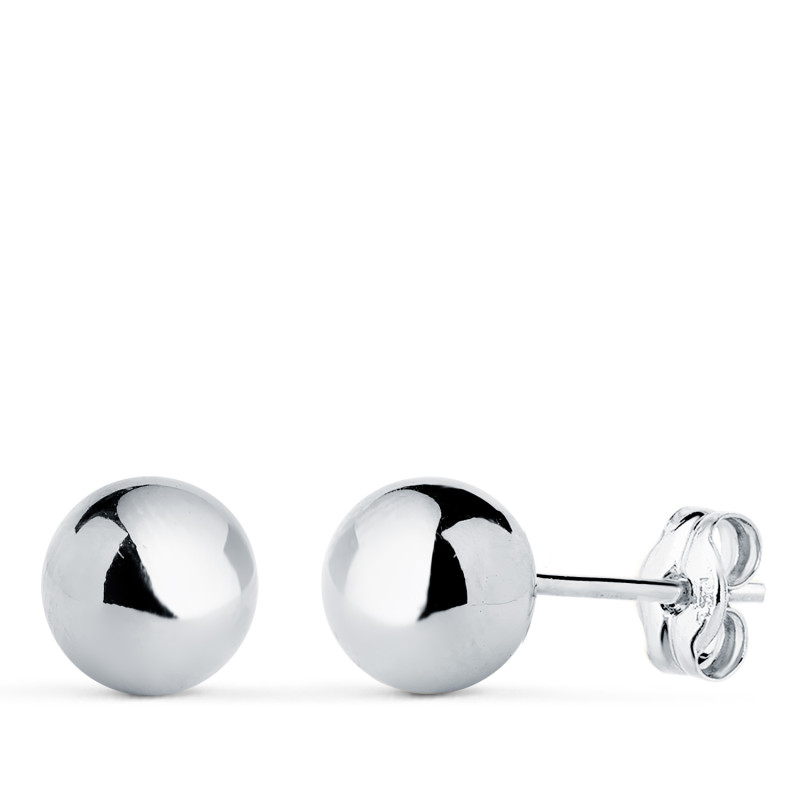 18K PENDIENTES ORO BLANCO BOLA LISA BRILLA HUECA. ANCHO: 7 MM. CIERRE PRESION