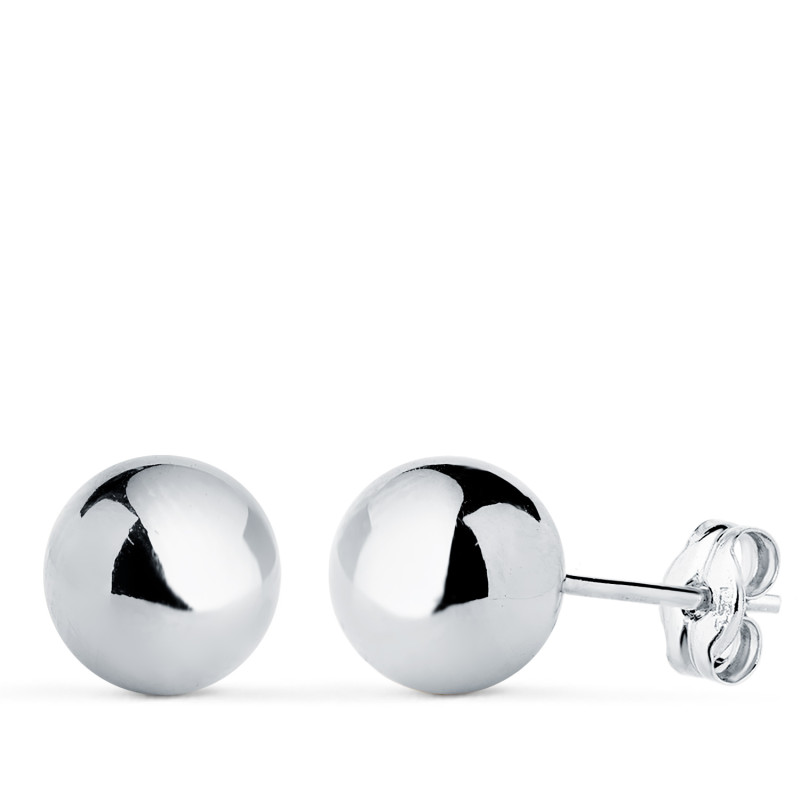 18K PENDIENTES ORO BLANCO BOLA LISA BRILLA HUECA. ANCHO: 8 MM. CIERRE PRESION